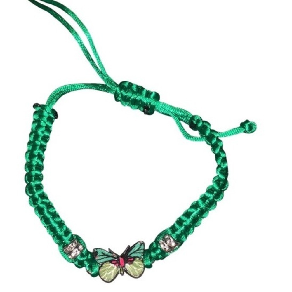 Butterfly Bracelet Green Braided‎ Cord Adjustable Rhinestone Charm